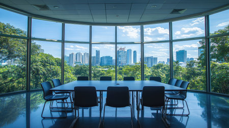 Contemporary meeting room with large windows and sleek furniture, offering copy spaceの素材