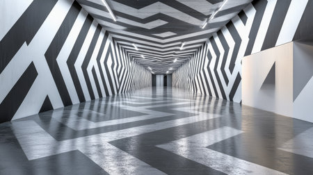 Empty modern hallway with geometric patterns on the walls, perfect for copy spaceの素材
