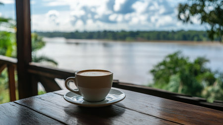 Drinking coffee on a balcony overlooking the Orinoco River in Venezuela, leaving space for text or brandingの素材