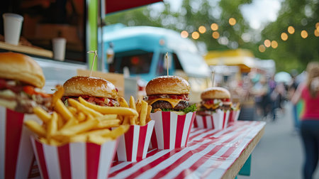 Colorful food truck festival table featuring sliders and fries, with ample room for copyの素材