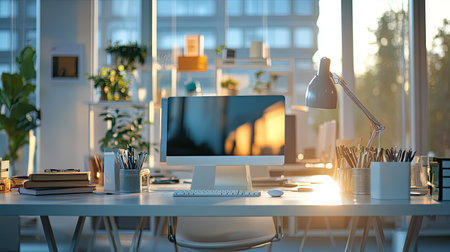 Contemporary office space with bright lighting and a clear desk for copy spaceの素材