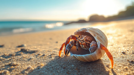 A hermit crab hiding inside its shell on a sunny beach. Copy space in the backgroundの素材