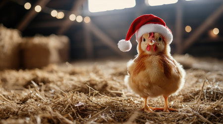 A cute chicken wearing a festive Santa hat, standing in a cozy barn surrounded by hay. Space for your holiday messageの素材