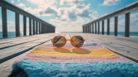 Bright beach towel and sunglasses laid out on a wooden pier. Ample space for copy in the open skyの素材