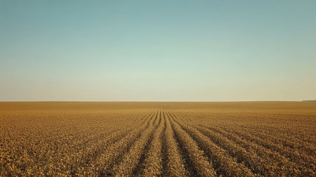 A field of soybean crops stretching into the horizon. Copy space included in the skyの素材