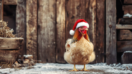 A fluffy chicken donning a Santa hat, posing next to a wooden barn door in a cozy winter farm. Room for holiday greetingsの素材