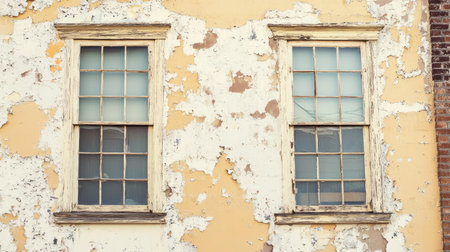 A vintage building with large windows and peeling paint, ideal for adding textの素材