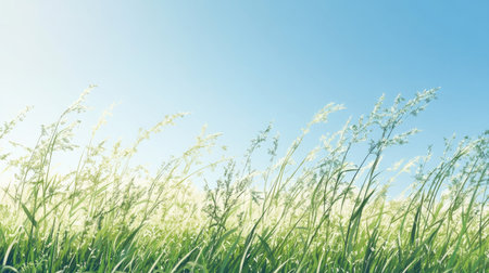 Light and airy summer breeze blowing through a field of tall grass. Space for text in the clear blue skyの素材