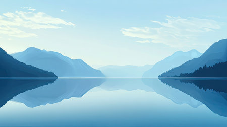 Calm blue lake with reflections of the summer sky and mountains. Ample space for text in the skyの素材
