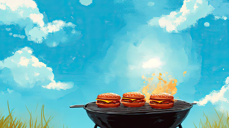 Barbecue grill with burgers sizzling under a sunny sky. Ample space for copy above. Summer cookout sceneの素材