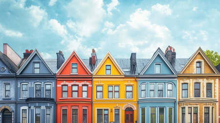 A row of colorful townhouses in a charming European neighborhood. Space for text in the skyの素材