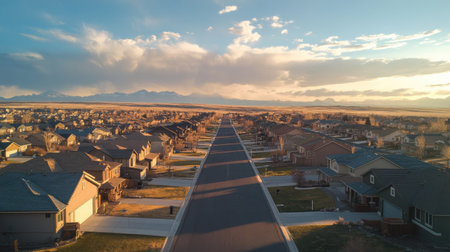 A quiet residential street with rows of homes and a vast, open sky. Copy space available aboveの素材