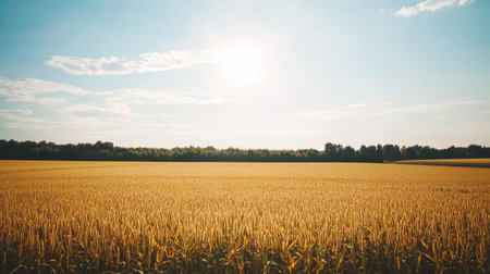 A wide-angle view of a vast cornfield under the morning sun. Open sky for copy spaceの素材
