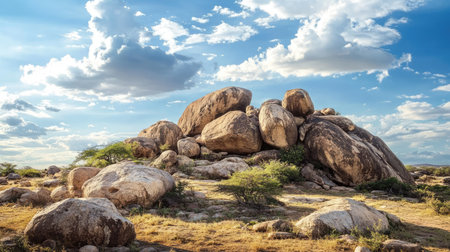 African rocky outcrop with large boulders and open sky, with space for copyの素材
