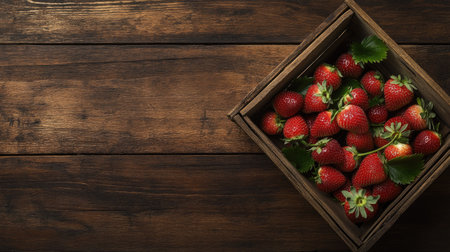 Freshly picked strawberries laid in a wooden crate, with space for your message nearbyの素材