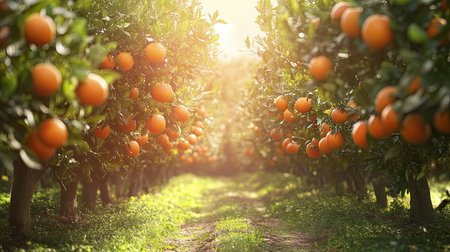 Rows of orange trees in an orchard with ripe fruit hanging low. Room for your messageの素材