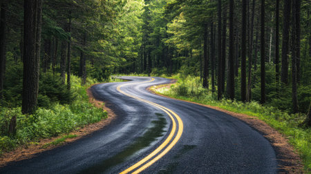 A winding road through a dense North American pine forest, leaving room for copy.の素材