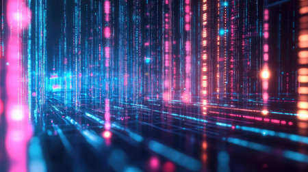 Abstract neon circuitry pattern with glowing data points on a tech process background.の素材