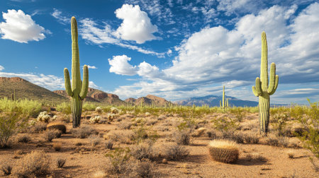 A quiet North American desert landscape with cacti and room for text in the sky.の素材