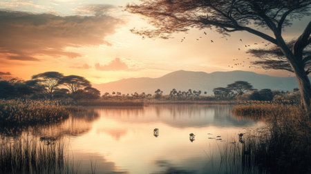 A serene African lake surrounded by wildlife, with ample room for copy above.の素材