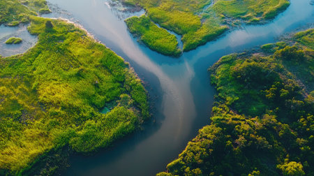 African delta wetlands seen from above, with space for copy in the waterの素材