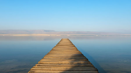 African lake with a wooden pier extending into the water, leaving space for copyの素材