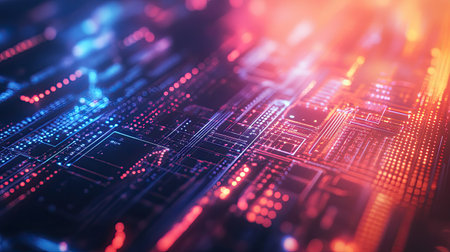 Glowing circuitry pattern on a high-tech digital grid background for technological processesの素材