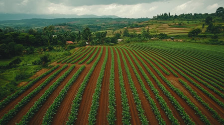 African farmland with neat rows of crops, leaving space for text in the fieldsの素材