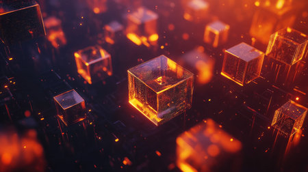 Glowing abstract polygonal shapes floating on a dark tech process backgroundの素材