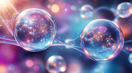 Glowing spheres connected by light streams, floating on a digital process backgroundの素材