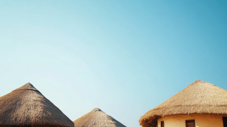 African village with thatched roofs and clear sky, leaving space for textの素材