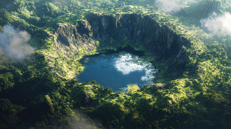 African volcanic crater with a lake at the center, leaving room for copy in the waterの素材