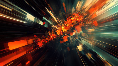 Flowing light streams and polygonal shapes in motion on a futuristic tech backgroundの素材