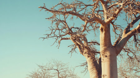 Close-up of African baobab trees under a clear sky, with room for copy on the sideの素材