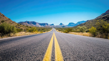 Desert road stretching through the American Southwest with clear skies, leaving room for copyの素材