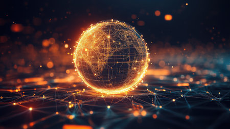 High-tech glowing sphere with wireframe connections floating on a dark digital backdropの素材