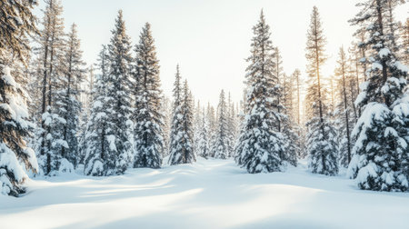 Snow-covered forest in the northern U.S., with clear skies offering space for copyの素材