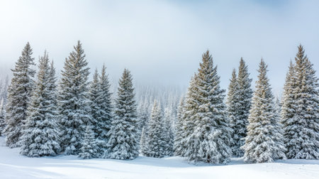 Snowy forest in the northern U.S. with tall pine trees, leaving room for textの素材