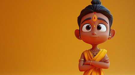 A 3D Indian cartoon character lost in thought, space for copy in the background.の素材