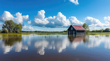 A rural area flooded with water, with ample space for copy in the clear sky.の素材