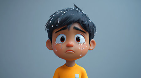 A 3D Indian character expressing sadness with tears falling, ample copy space on the sides.の素材