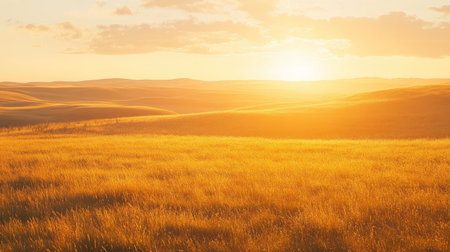 Sunset over a North American prairie with golden fields and space for textの素材