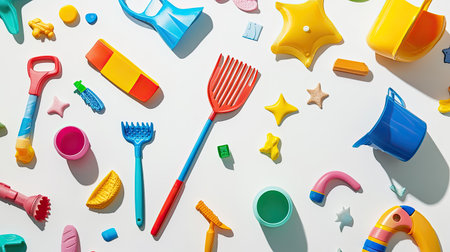 Colorful beach toys, including a rake and bucket, scattered on a white surface, with ample copy space.の素材