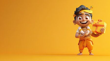 A happy 3D Indian character holding a gift, space for text in the background.の素材