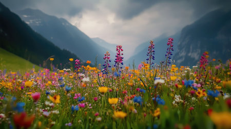 Colorful meadow of wildflowers in the Austrian countryside, with room for copy in the sky.の素材