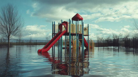 A submerged playground under floodwaters, room for text in the sky.の素材