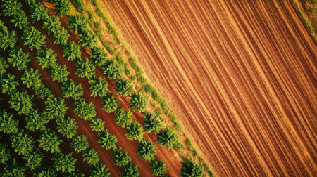 Top view of an African plantation with fields and copy space in the skyの素材