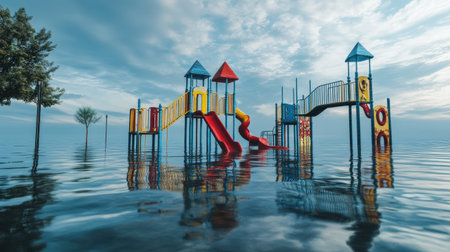 A submerged playground under floodwaters, room for text in the sky.の素材
