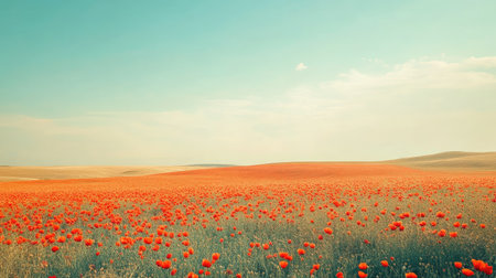 Scenic poppy fields in France under a clear, bright sky, with ample space for text.の素材