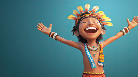 A 3D Indian character laughing out loud with arms wide open, room for text on the sides.の素材